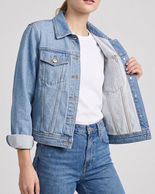 Light wash denim jacket worn open over a white tee with mid blue jeans