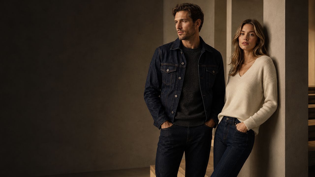 Two models in indigo denim against a warm architectural wall